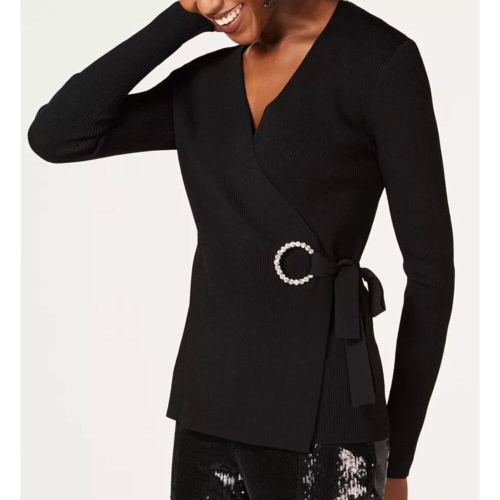 NWT INC Int'l Concepts Black Wrap Knit Top with Rhinestone belt, Size Small